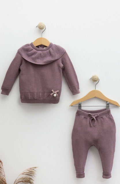 2-piece sweater set with pearl and bow made of 100% cotton