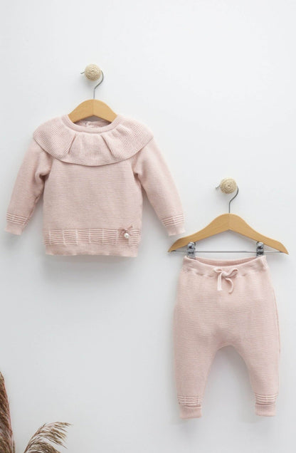 2-piece sweater set with pearl and bow made of 100% cotton