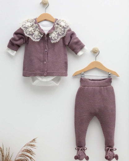 3-piece cardigan set with lace