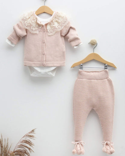 3-piece cardigan set with lace